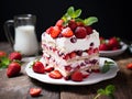 Strawberry tiramisu dessert with mascarpone and whipped cream, Italian cheesecake dessert, pudding or berry trifle cake