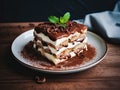 Strawberry tiramisu dessert with mascarpone and whipped cream, Italian cheesecake dessert, pudding or berry trifle cake