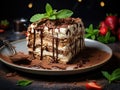 Strawberry tiramisu dessert with mascarpone and whipped cream, Italian cheesecake dessert, pudding or berry trifle cake