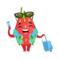 Strawberry traveler holding his ticket and suitcase. Cute cartoon emoji character vector Illustration