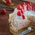 Strawberry And Vanila Ice Cream Cake With Fresh Strawberry Topping On Wooden Table Royalty Free Stock Photo