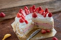 Strawberry And Vanila Ice Cream Cake With Fresh Strawberry Topping On Wooden Table Royalty Free Stock Photo