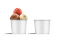 Strawberry, vanilla, chocolate ice cream scoops in blank paper cup mockup Royalty Free Stock Photo