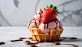 strawberry, vanilla, chocolate ice cream woth waffle cone on marble stone