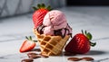 strawberry, vanilla, chocolate ice cream woth waffle cone on marble stone