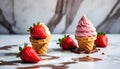 strawberry, vanilla, chocolate ice cream woth waffle cone on marble stone
