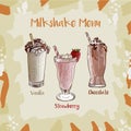 Strawberry, Vanilla, Chocolate Milkshake Set Recipe. Menu Element For Cafe Or Restaurant With Milk Fresh Drinks Collection. Fresh