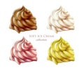 Strawberry, vanilla, chocolate taste. Blue, pink, brown, white - different flavor and colors ice cream scoops