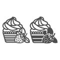 Strawberry vanilla cupcake with frosting line and solid icon, pastry concept, fruit muffin vector sign on white