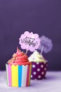 Strawberry and vanilla cupcakes with small decorative hearts and Royalty Free Stock Photo