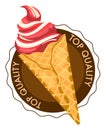 Strawberry vanilla ice cream cone with top quality badge. Delicious frozen dessert vector illustration