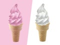 strawberry, vanilla Ice cream in the cone on white and prink background Royalty Free Stock Photo