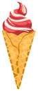 Strawberry and vanilla soft serve ice cream cone. Sweet dessert, creamy swirl in waffle cone. Delicious summer treat