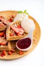 Strawberry waffles whit strawberry sauce and ice cream Royalty Free Stock Photo