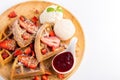 Strawberry waffles whit strawberry sauce and ice cream Royalty Free Stock Photo