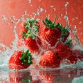 Strawberry water poster, splash of water, Solid color background, AI generated