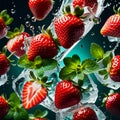 Strawberry Water Splash Strawberry Delight Flying Fruits Strawberries Mints Ice Cubes Water Splash Color Dripped Strawberry Royalty Free Stock Photo