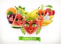 Strawberry, watermelon, carrot and juicy fruits. Funny cartoon characters. 3d vector illustration