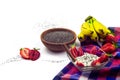 Strawberry with whipped cream and cinnamon stick, chia seeds in a wooden bowl and baby bananas Royalty Free Stock Photo