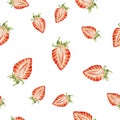 Strawberry on white background. Watercolor drawing of strawberry berries. Handwork drawn. Watercolor seamless strawberry pattern