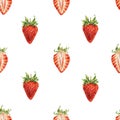 Strawberry on white background. Watercolor drawing of strawberry berries. Handwork drawn. Watercolor seamless strawberry pattern