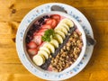 Strawberry yoghurt, fruits, granola, chia seeds bowl Royalty Free Stock Photo