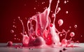 Strawberry yoghurt splash. Splashing and dripping pink liquid. Generative Ai illustration