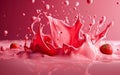 Strawberry yoghurt splash. Splashing and dripping pink liquid. Generative Ai illustration