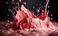 Strawberry yoghurt splash. Splashing and dripping pink liquid. Generative Ai illustration