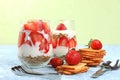 Strawberry yogurt with berries French cracker and muesli on a bright table fruit salad. Healthy breakfast with ingredients