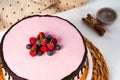 Strawberry yogurt cake decorated with fresh fruits and chocolate chunk. Delicious and sweet pink cake for Valentines or