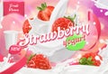 Strawberry yogurt. Fruits and milk splashes. 3d vector
