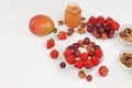 Strawberry yogurt, granola, cottage cheese, fresh berries, apples, strawberries and grapes on a light table. The concept of Royalty Free Stock Photo