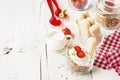 Strawberry yogurt with muesli on a old wooden background Royalty Free Stock Photo