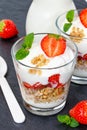 Strawberry yogurt yoghurt strawberries fruits cup muesli portrait format slate spoon breakfast