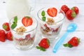 Strawberry yogurt yoghurt strawberries fruits cup muesli spoon b Royalty Free Stock Photo