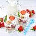 Strawberry yogurt yoghurt strawberries fruits cup muesli square Royalty Free Stock Photo