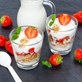 Strawberry yogurt yoghurt strawberries fruits glass square muesli slate spoon breakfast Royalty Free Stock Photo