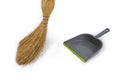 Straws broom bent and gray plastic dust pan , isolated on white background, empty backdrop for product placement, close up Royalty Free Stock Photo