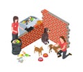 Stray animals problem. Stray dogs cats care. Isometric vector volunteers and homeless animals