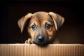 Stray brown mixed breed puppy in cardboard box. Sad homeless baby dog sitting alone in box and looking sadly to camera