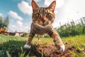 Stray cat running at fast pace towards the camera, wide angle shot. Generative AI Royalty Free Stock Photo