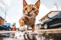 Stray cat running at fast pace towards the camera, wide angle shot. Generative AI Royalty Free Stock Photo
