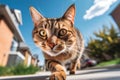 Stray cat running at fast pace towards the camera, wide angle shot. Generative AI. Royalty Free Stock Photo
