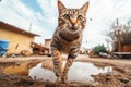 Stray cat running at fast pace towards the camera, wide angle shot. Generative AI Royalty Free Stock Photo