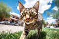 Stray cat running at fast pace towards the camera, wide angle shot. Generative AI Royalty Free Stock Photo