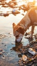 Stray dog drinking polluted water in a contaminated river at sunset Royalty Free Stock Photo