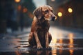 Stray Dog Getting Wet In Rain On Country Road. Sad homeless dog sitting on the wet ground. Royalty Free Stock Photo