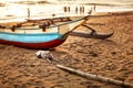 Stray dog laying on the beach sand, in front of fishing boat