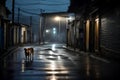 Stray dog seeking shelter from the rain on wet street perfectly captures the feeling of extreme loneliness Royalty Free Stock Photo